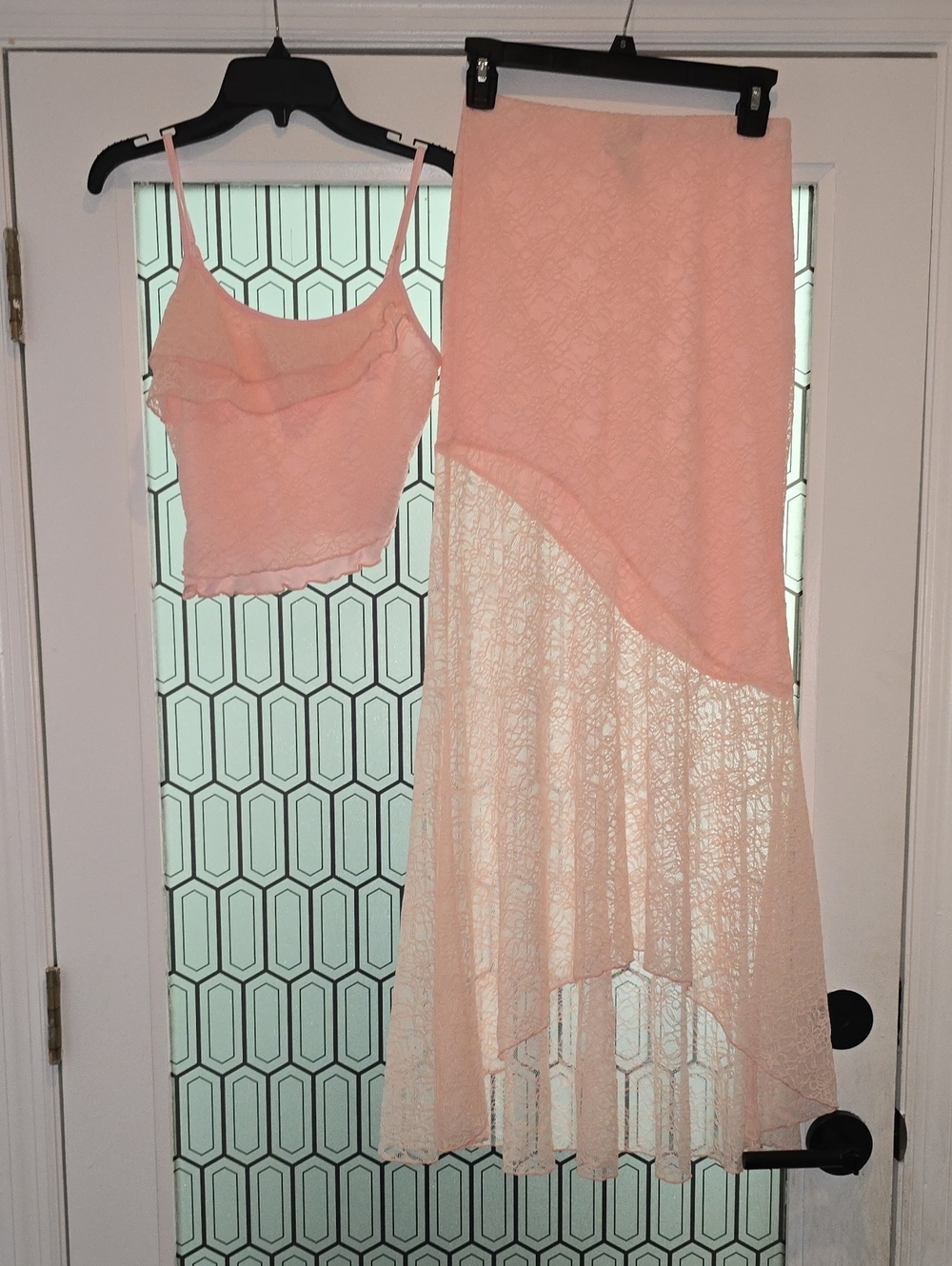 SHEIN Peach Lace Crop Camisole & Asymmetric Lace Maxi Skirt Set